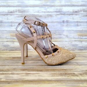 🔴 Rue21 Studded Stiletto Lace Detail Pointed Toe Heels Women's Size 8 Nude